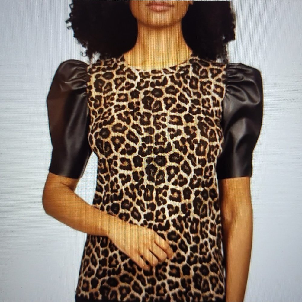 MICHAEL Kors Knit Jersey Cheetah Print Short Puff Sleeve Nubian Leather Top -NWT